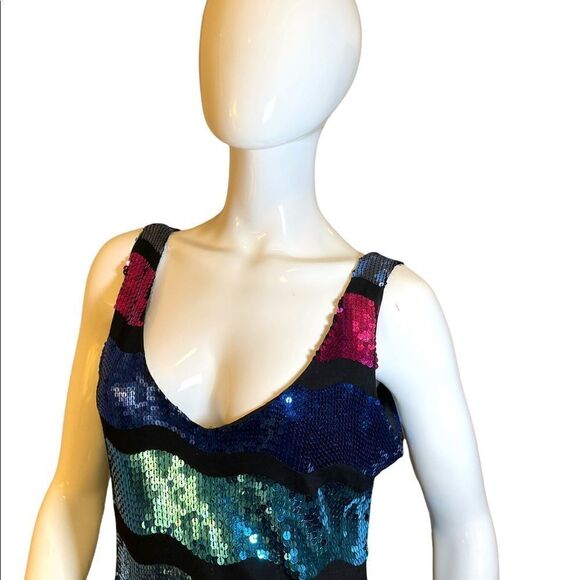 Frederick’s  of Hollywood Bright Color Block Sequin Tank Slip Mini Dress L Neon - Picture 10 of 15